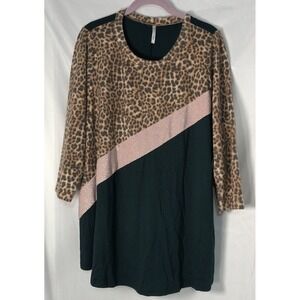 Voel Women's Leopard Print w Green & Pink Sparkle Stripes Long-Sleeve Top - 1X